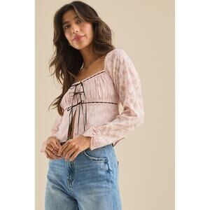 Altar'D State Pink on Pink Floral Black Ties Top Shirt Blouse Large Womens NWT